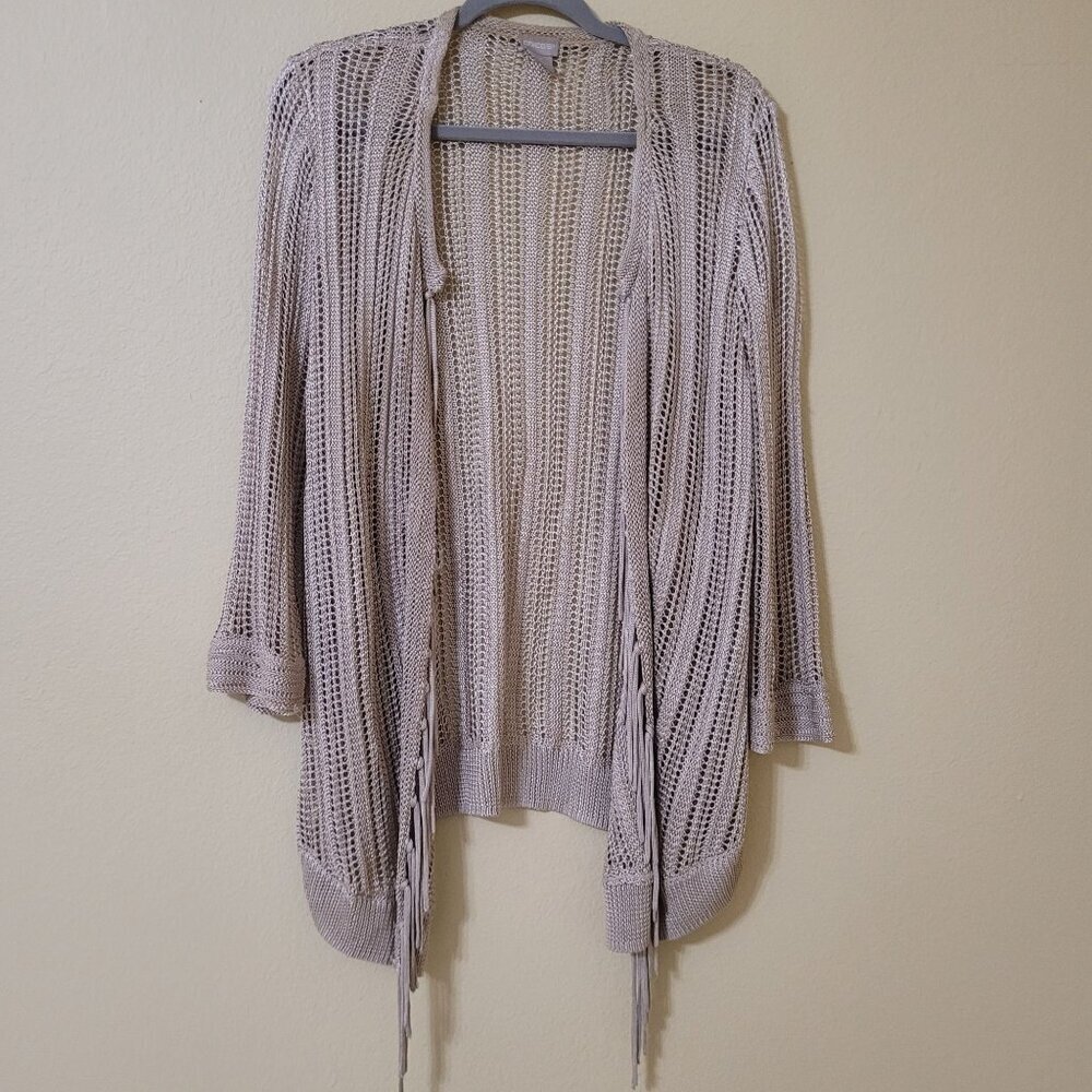 Chicos Open-Knit Fringe Kimono Womens Size M/L Cardigan Duster Boho Cover‎ up